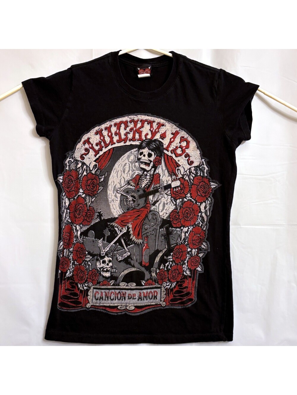 Lucky 13 Cancion De Amor Skeleton Guitar Graphic T-Shirt Women's Medium
